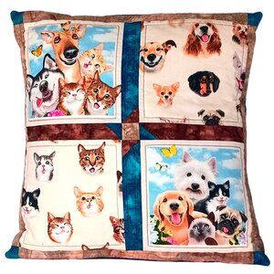 LikeNew Handmade Quilted Vintage 15"x15" Pillow With Funny Cats & Dogs Prints
